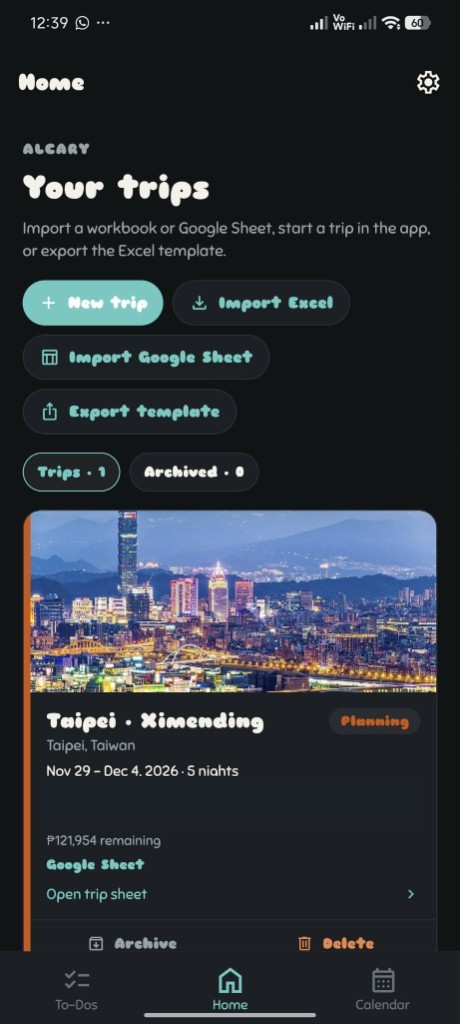 Alcary home screen with Excel and Google Sheet import