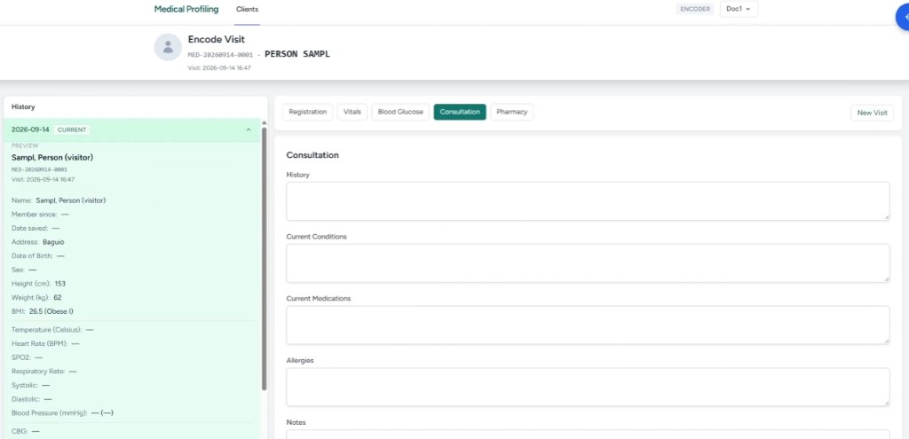 Encode visit screen with station tabs and visit history